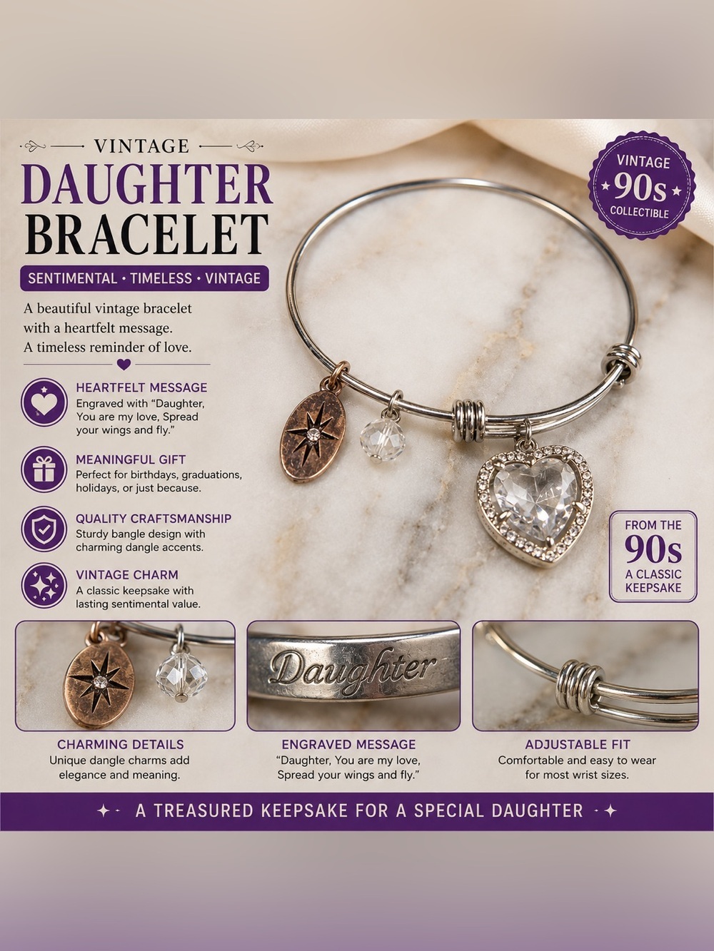 Hand Crafted Silver-Tone Heart Charm & Star Pendant Bangle